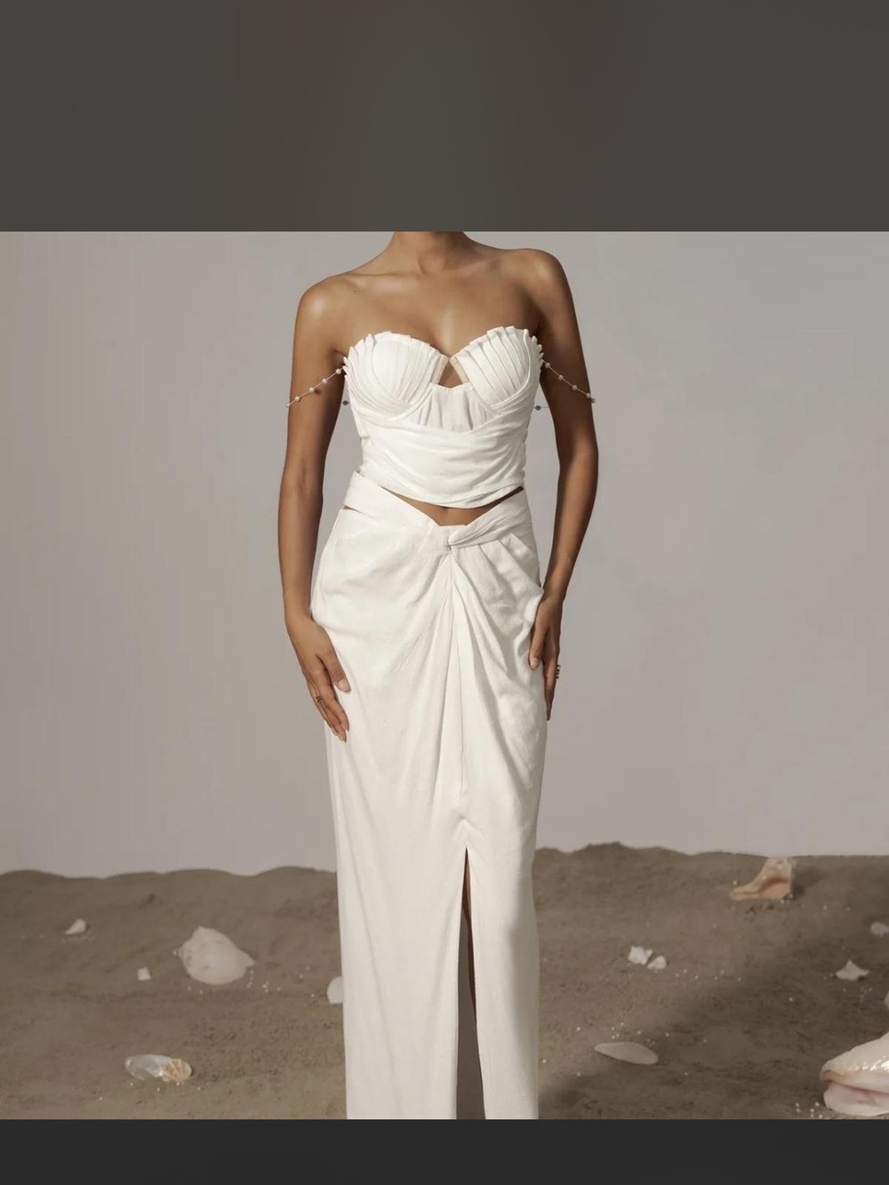JLUXLABEL Ivory Strapless Ruched Bust & Twist Skirt Dress